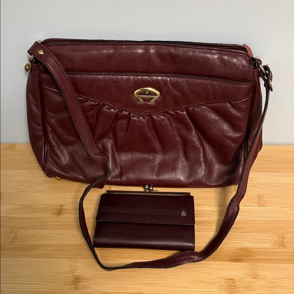 Etienne Aigner Vintage Burgundy Leather Shoulder Bag and Kiss lock Wallet